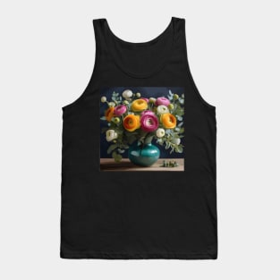 Ranunculus Flowers and Eucalyptus Leaves Still Life Painting in Turquoise Vase Tank Top